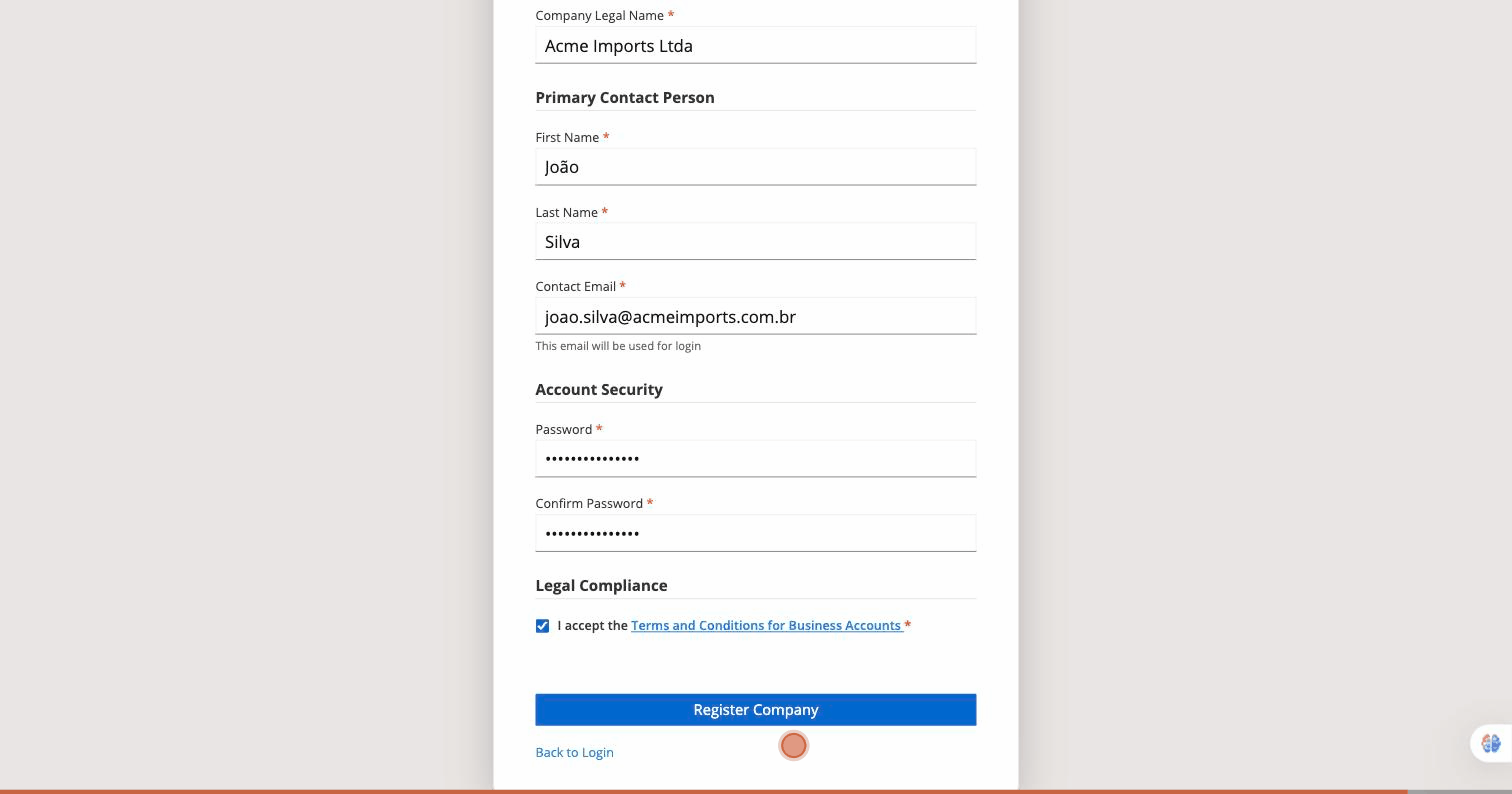 Formulário de cadastro — botão enviar Register Company